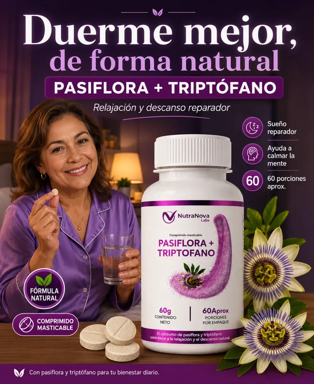 Mujer tomando Dulces Sueños antes de dormir — Pasiflora + Triptófano, comprimidos masticables